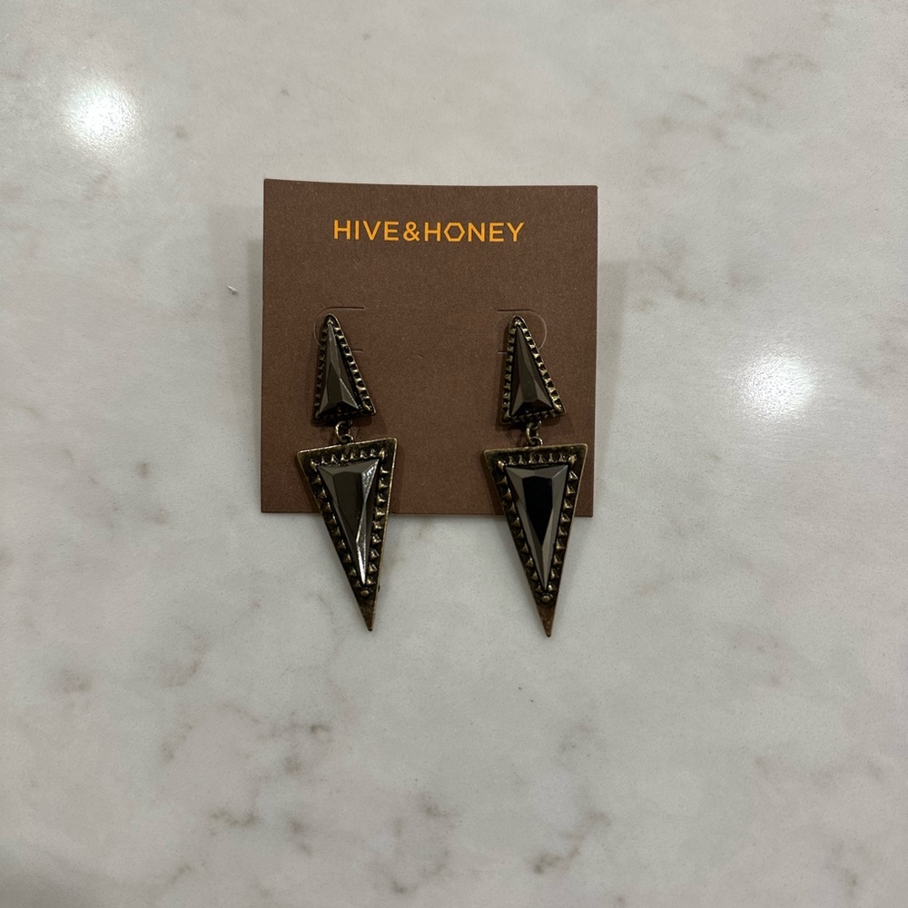 Hive & Honey Triangular Geometric Drop Earrings in Black and Gold New
